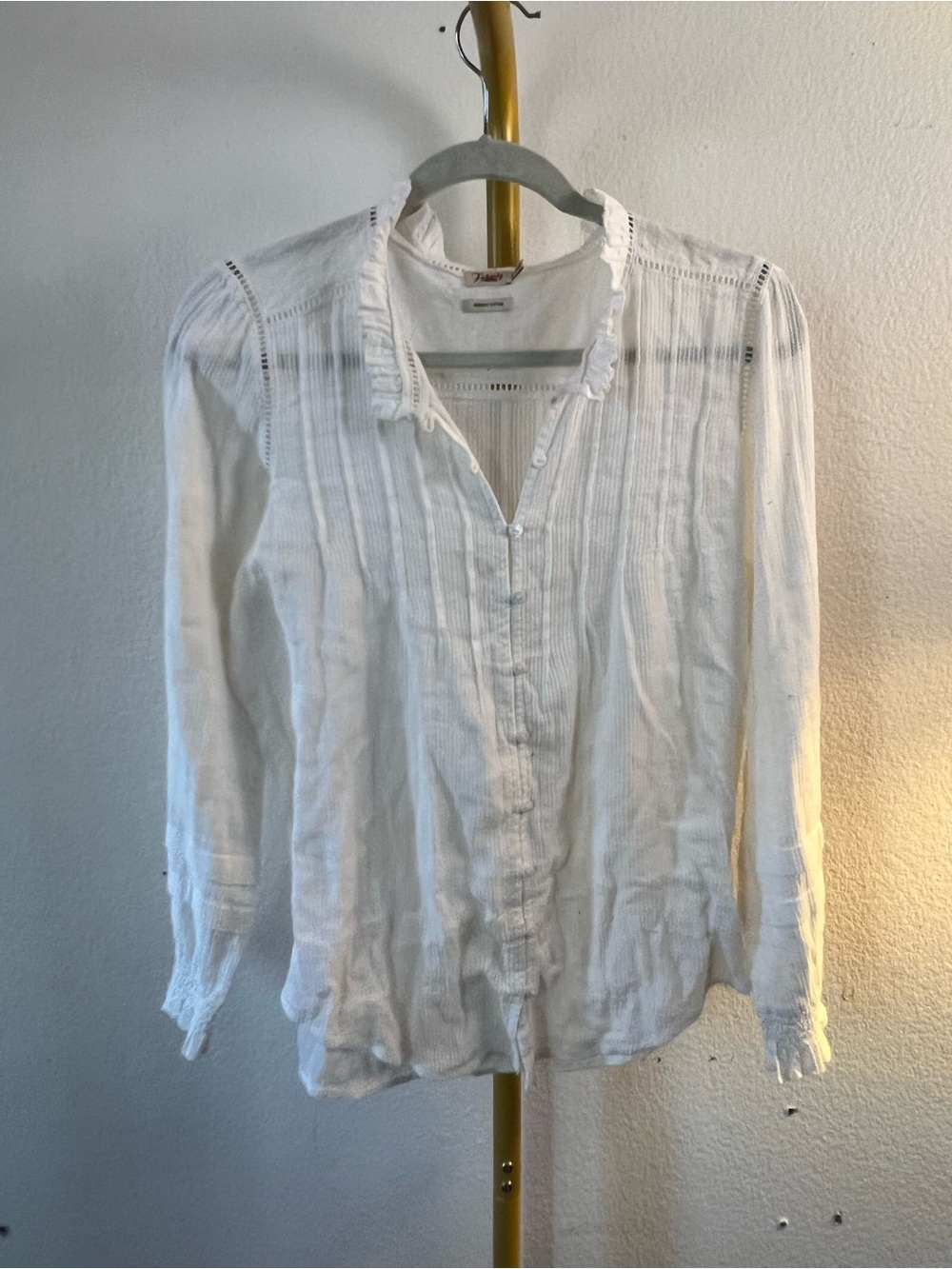 Faherty Cream Ruffled Button-Down Peasant Blouse Sz M - Picture 2 of 3
